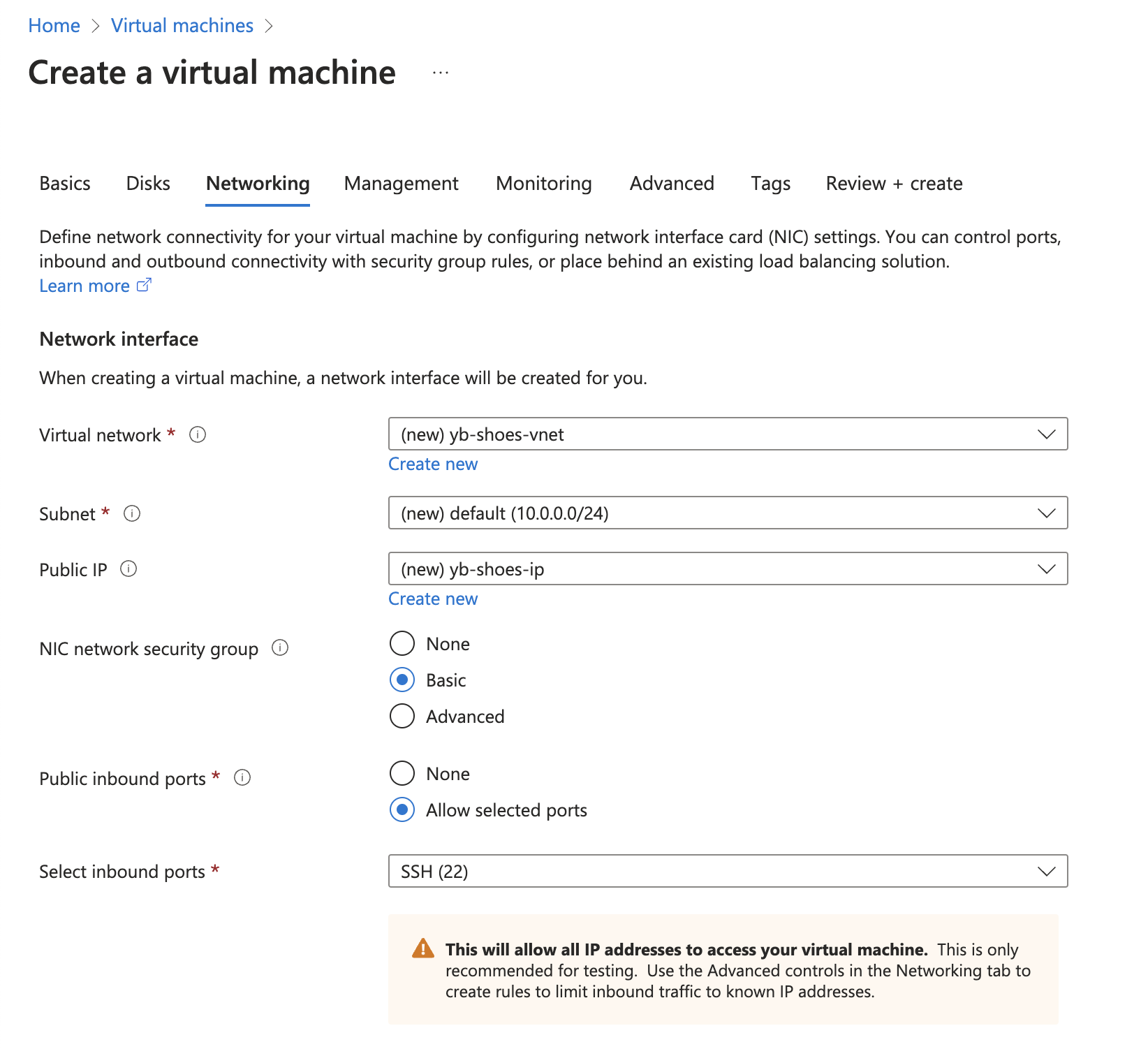 Configure network settings on the VM